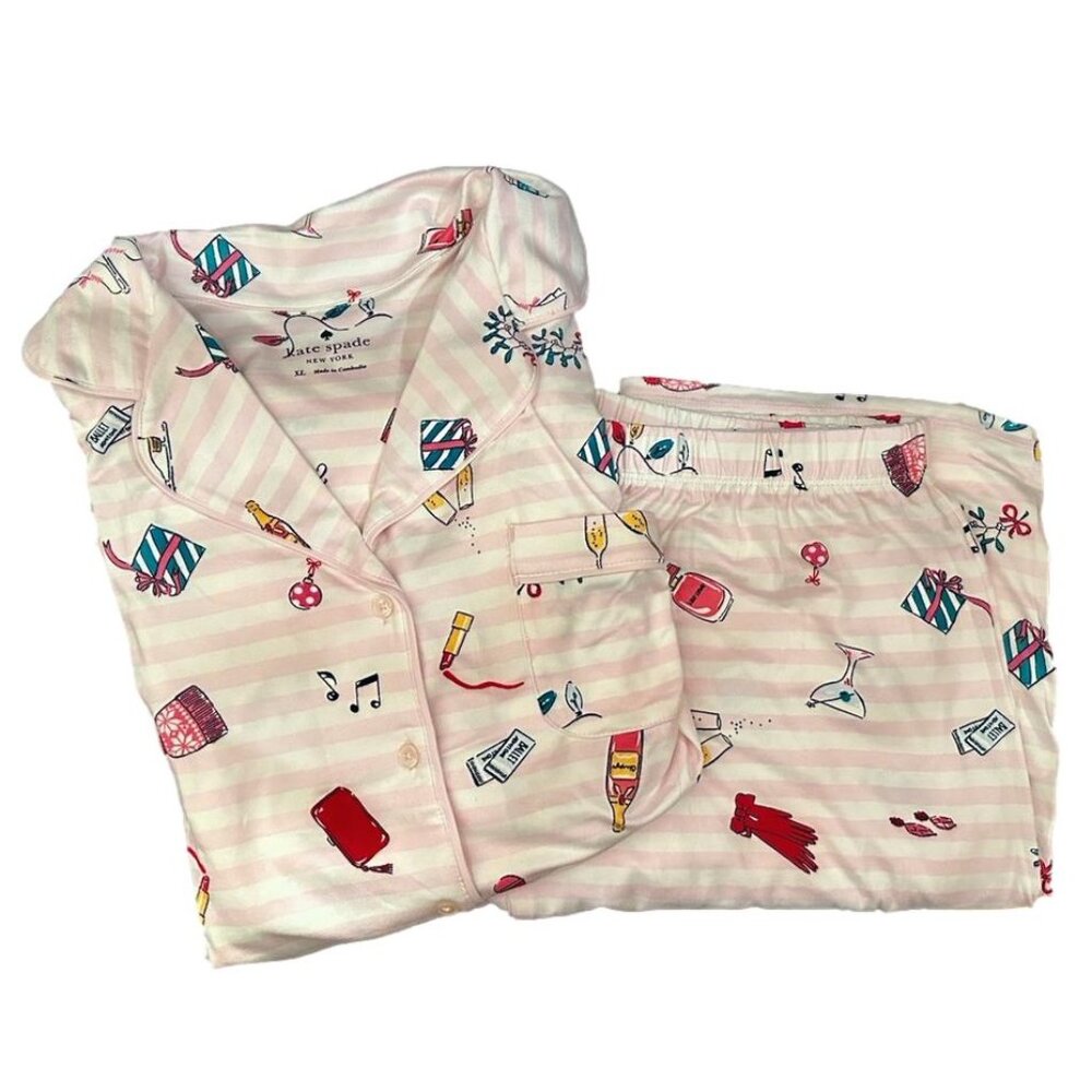 Kate Spade New York Women's 2PC Notch Pajama Set Pink Stripe Christmas  Size L